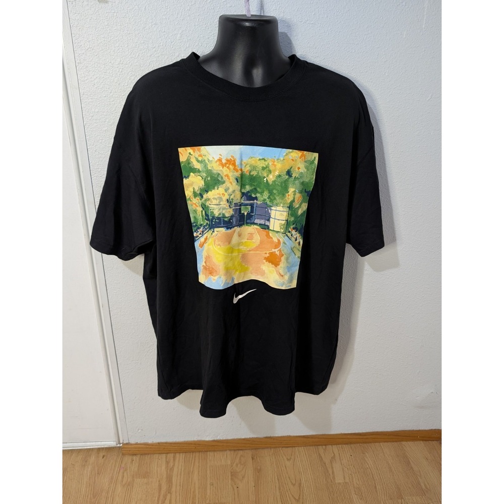 Nike Basketball Court Graphic Tee Mens XL Black Loose Fit Watercolor Art NWT